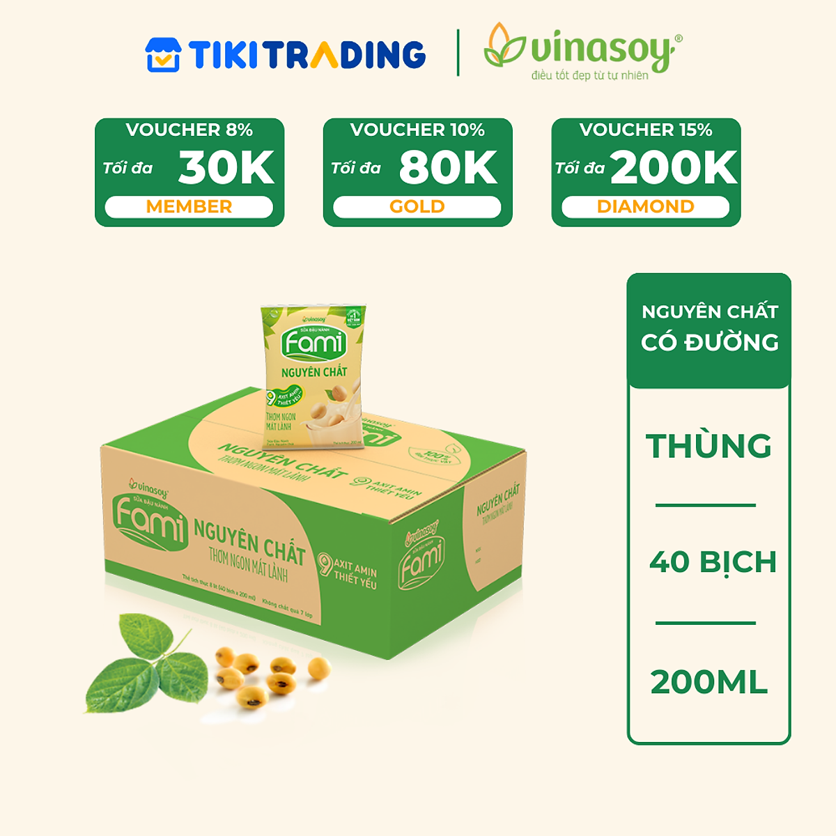 Thùng Sữa đậu nành Vinasoy Fami nguyên chất (200ml x 40 Bịch)