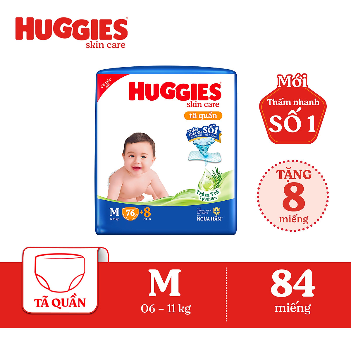 Tã/bỉm quần Huggies Skin Care Super Jumbo M76+8 miếng với tràm trà dịu da