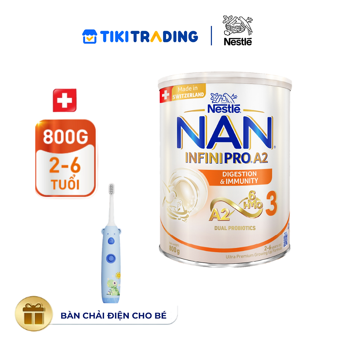 Sữa bột NAN INFINIPRO A2 800g Thụy Sĩ 3 với đạm quý A2 tiêu hóa tốt sau 7 ngày và 6HMO tăng cường đề kháng + Tặng Set 3 hũ nha vị (2 - 6 tuổi)
