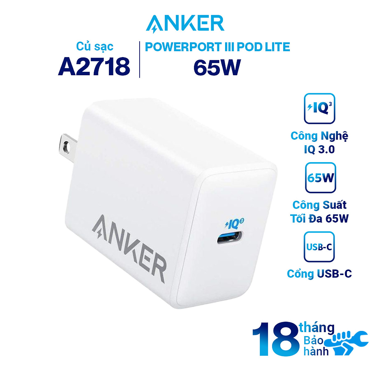 Adapter Sạc Anker 1 cổng 65W Hỗ Trợ Sạc Nhanh PIQ 3.0 PowerPort III Pod Lite - A2718 - Hàng chính hãng