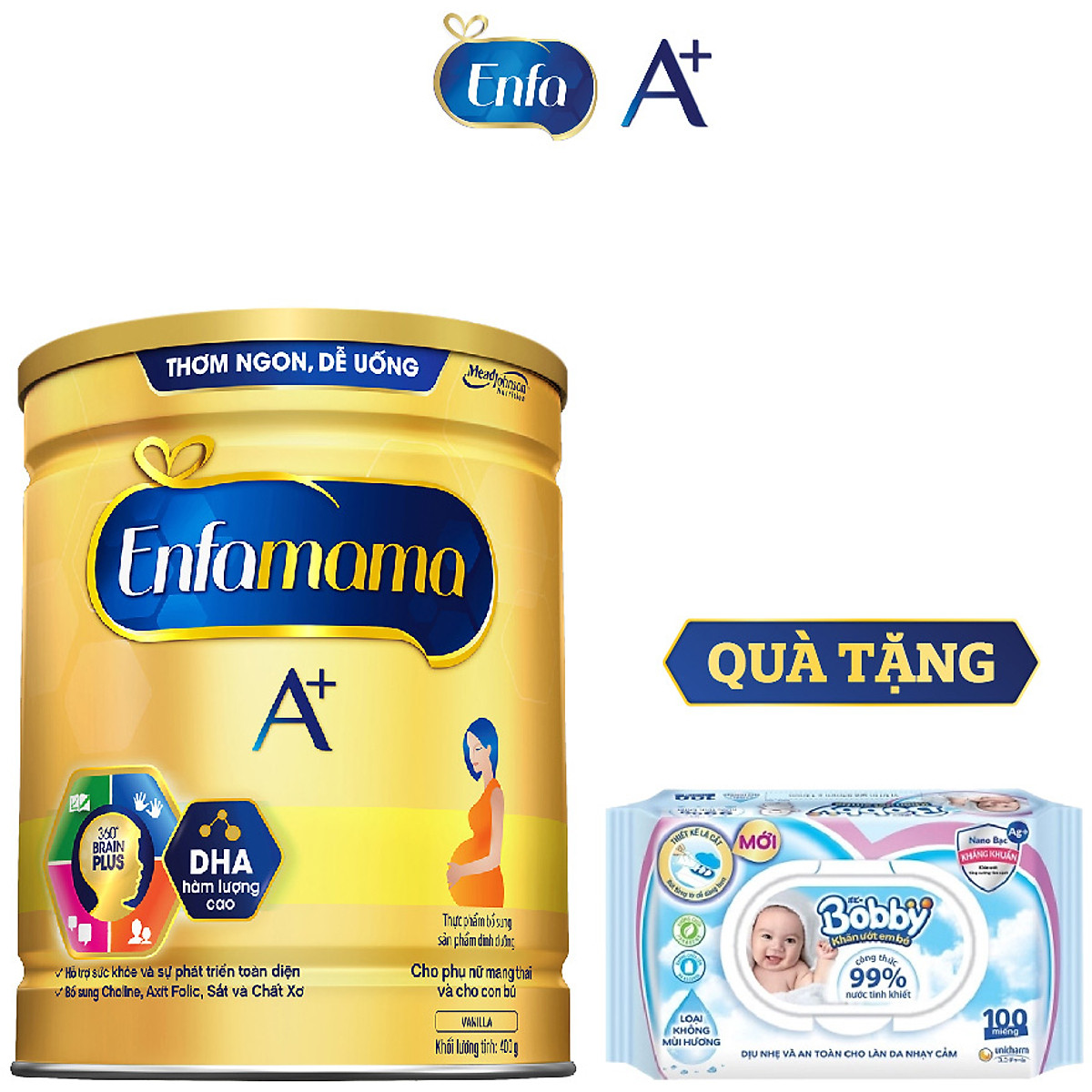 Bộ 1 Lon Sữa Bầu Enfamama 360° Brain Plus Cho Mẹ 400g - Tặng 1 gói khăn ướt Bobby 100 tờ