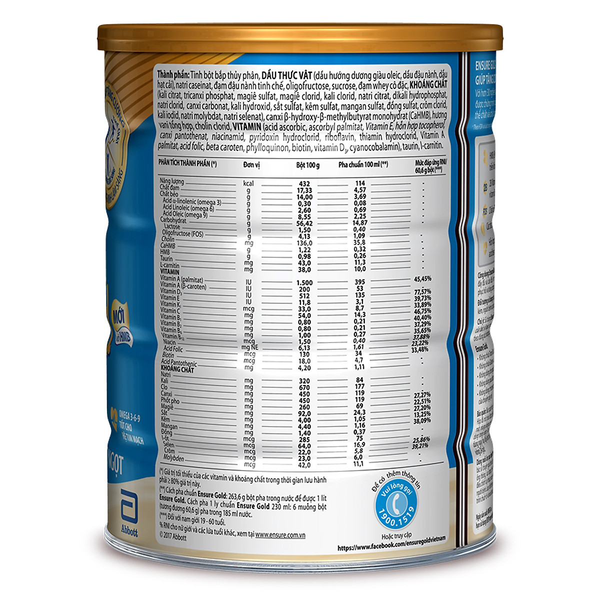 Sữa Bột Abbott Ensure Gold Vani Ít Ngọt 850g