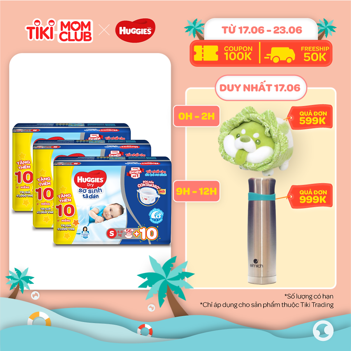 Combo 3 Gói Tã Dán Sơ Sinh Huggies S56 (4kg-8kg) - Gói 56 Miếng - Tặng 10 miếng