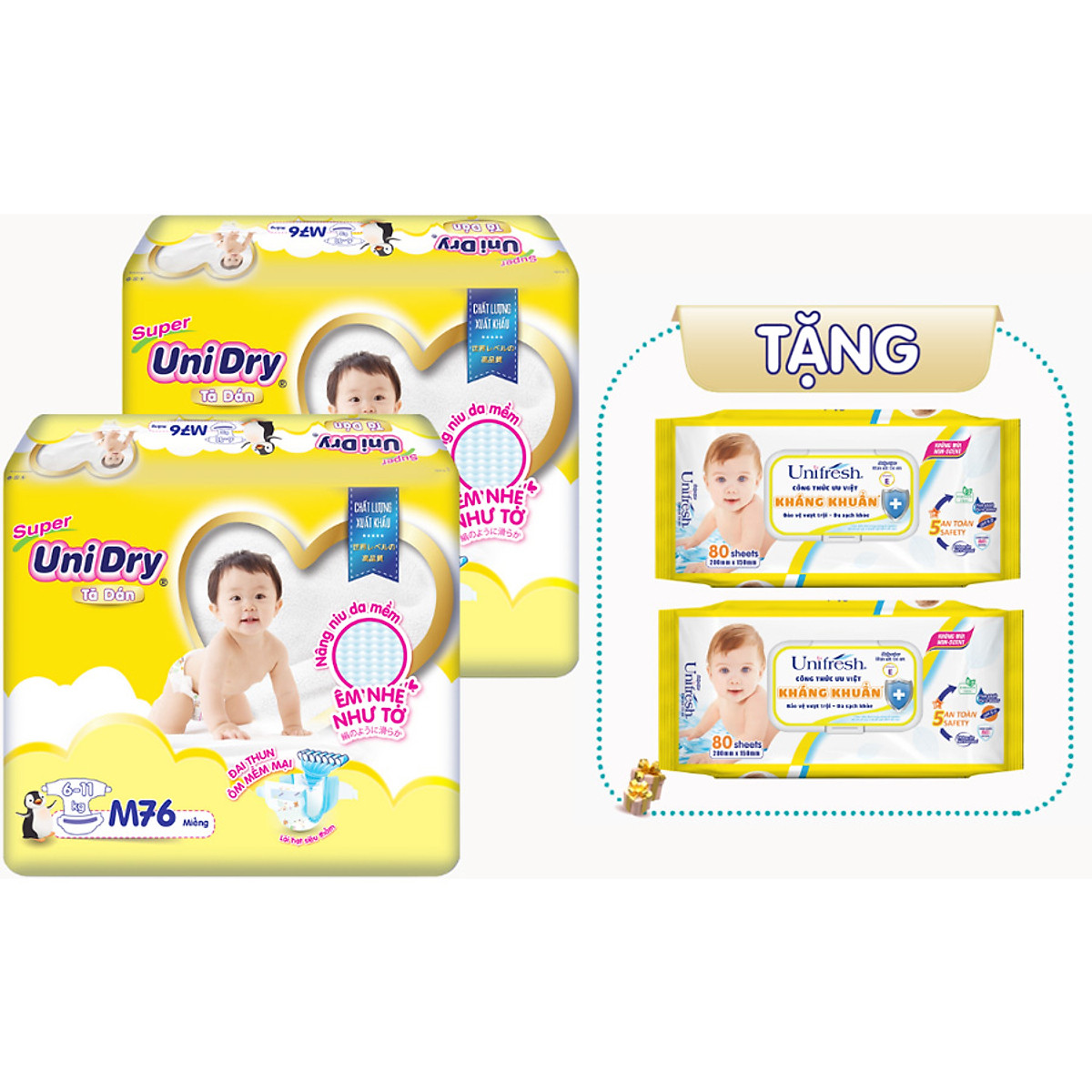 Combo 2 Tã Dán UniDry Gói Đại - Tặng 2 gói khăn ướt Unifresh VitaminE 80M