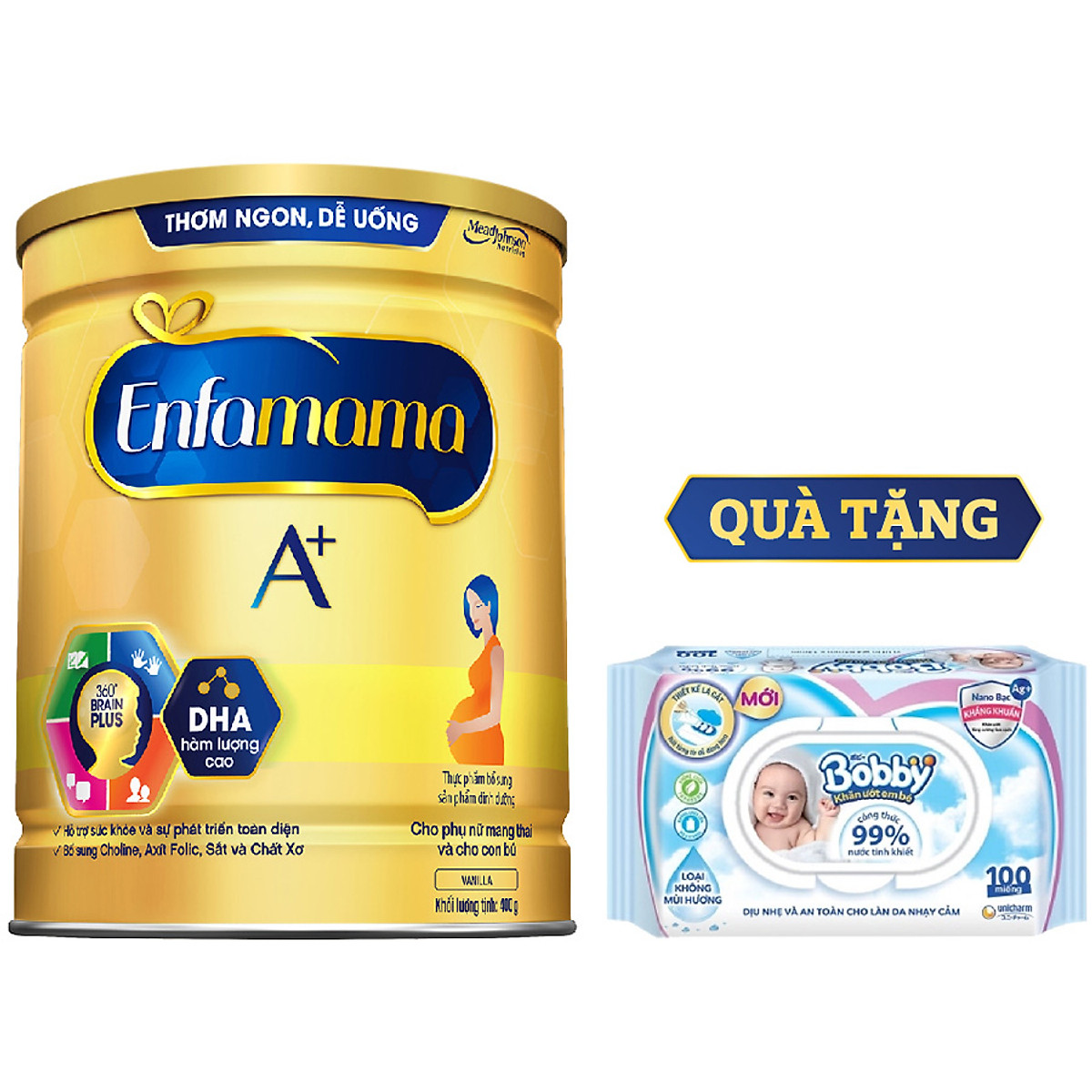 Bộ 1 Lon Sữa Bầu Enfamama 360° Brain Plus Cho Mẹ 400g - Tặng 1 gói khăn ướt Bobby 100 tờ