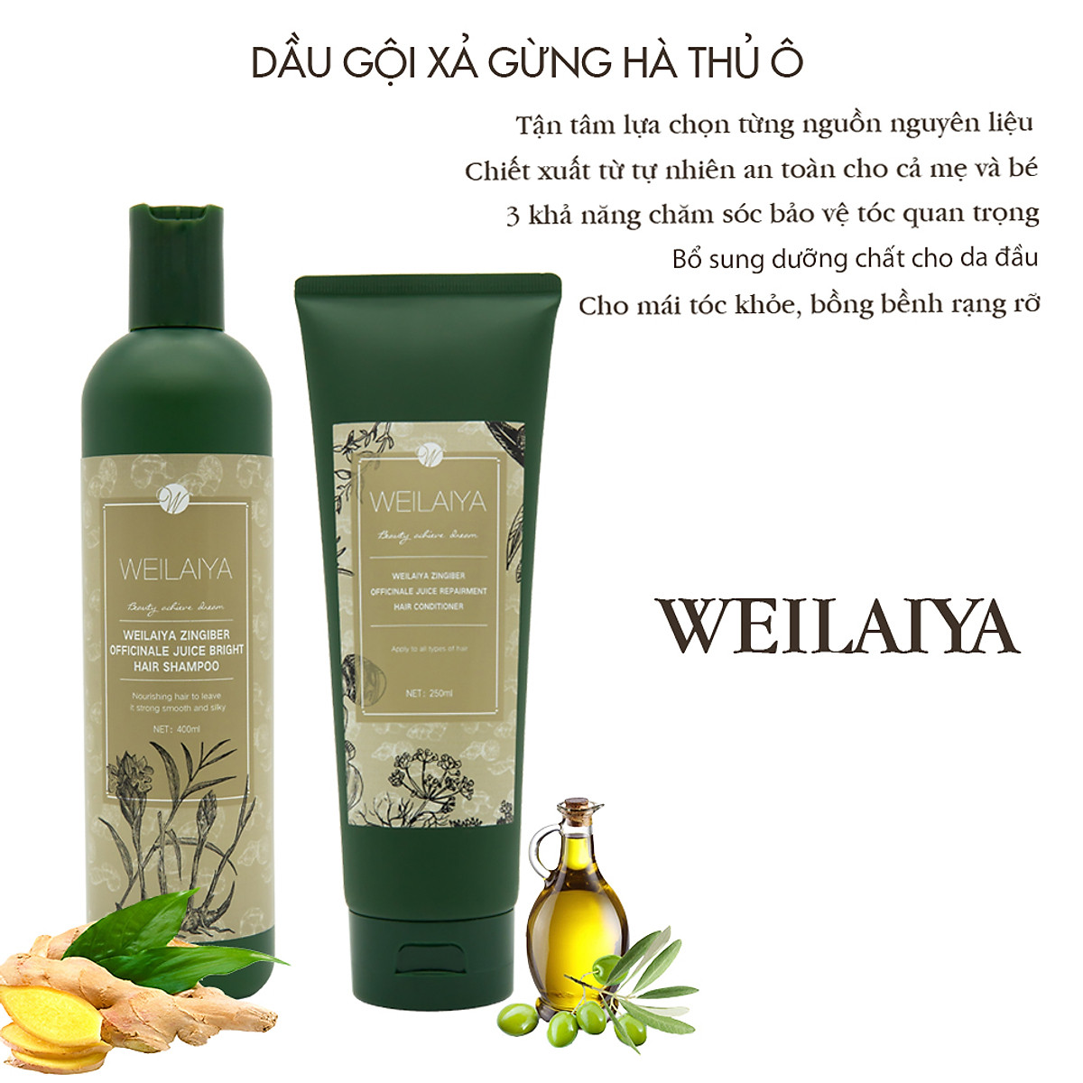 Bộ Dầu Gội Xả Hỗ Trợ Trị Rụng Tóc Kích Thích Mọc Tóc Weilaiya Tinh Chất Gừng Hà Thủ Ô Cao Cấp Ngăn Ngừa Rụng Tóc Lưu Thông Mạch Máu Hương Thảo Dược (Gội 400ml- Xả:250ml)- Sản Phẩm Chính Hãng