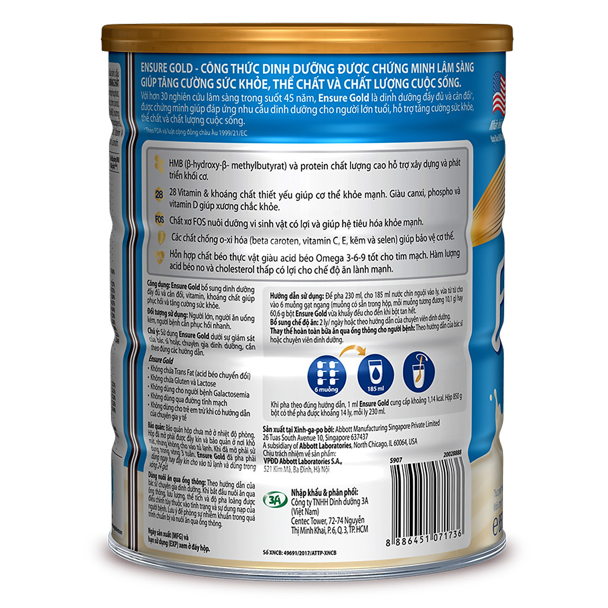 Sữa Bột Abbott Ensure Gold Vani Ít Ngọt 850g
