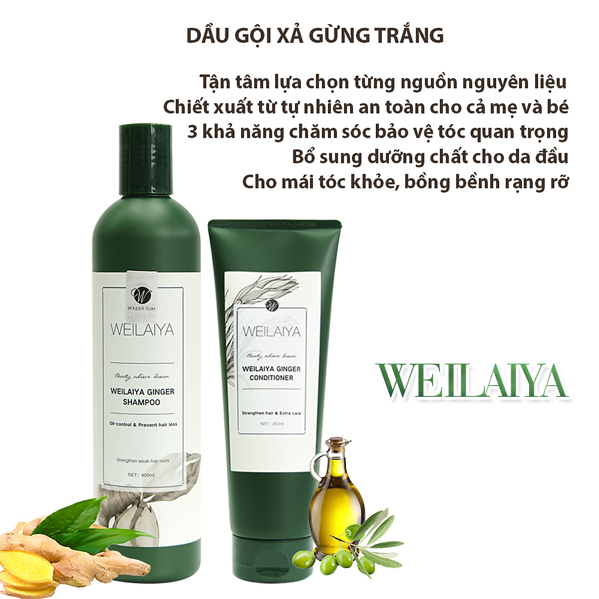 Dầu Gội Cặp Weilaiya Thảo Dược Mọc Tóc Hỗ Trợ Trị Gàu Dưỡng Tóc, Đen Tóc Cho Tóc Nhuộm Tinh Chất Gừng Cao Cấp Chiết Xuất 100% Từ Thiên Nhiên Không Chứa Sunfat Tạo Bọt (Gội: 400ml- Xả: 250ml)- Sản Phẩm Chính Hãng