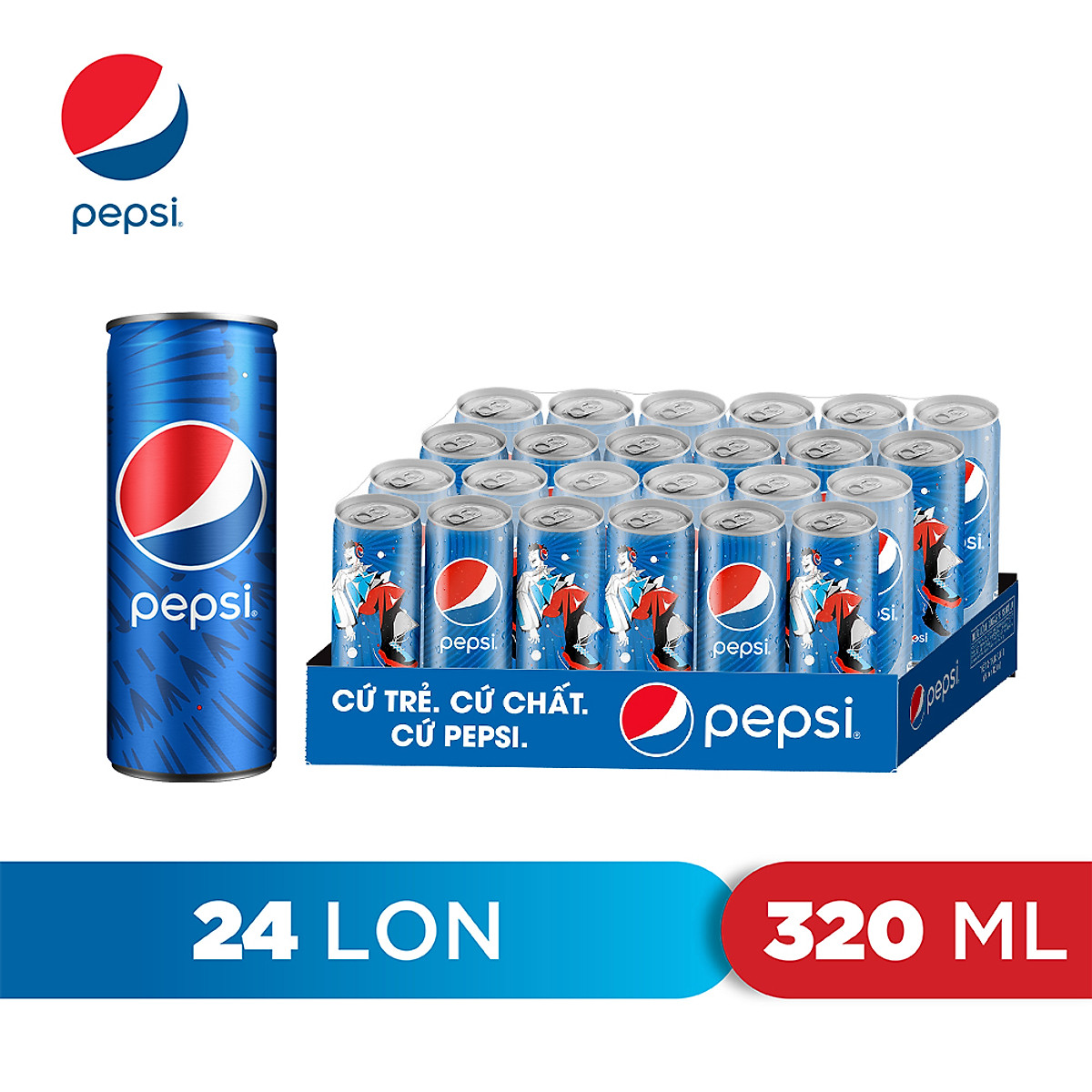 Thùng 24 Lon Nước Ngọt Có Gaz Pepsi lon xanh (320ml/lon)