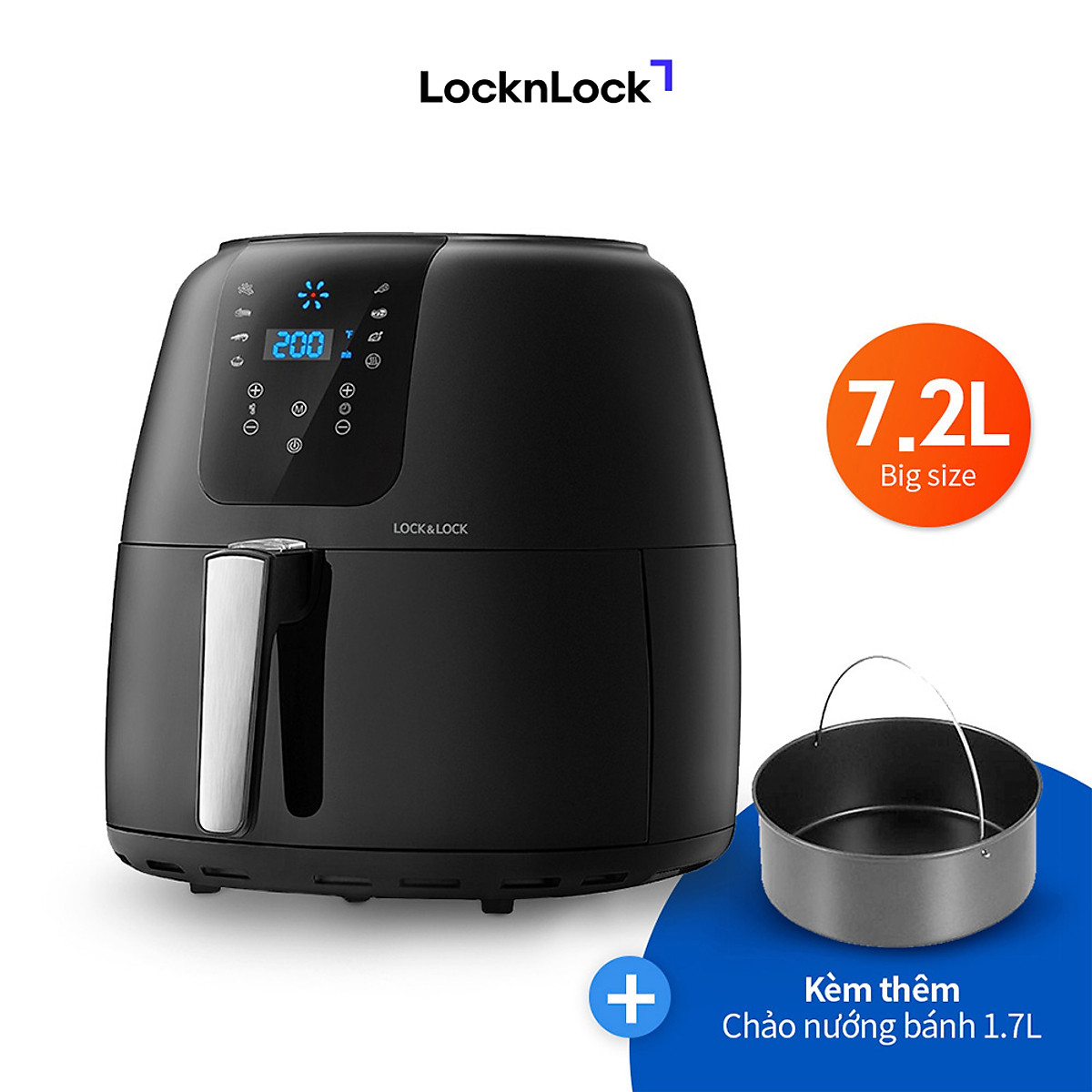 Nồi Chiên Không Dầu Điện Tử Lock Lock EJF296BLK (7.2 Lít) - Kèm Chảo Nướng - Hàng Chính Hãng