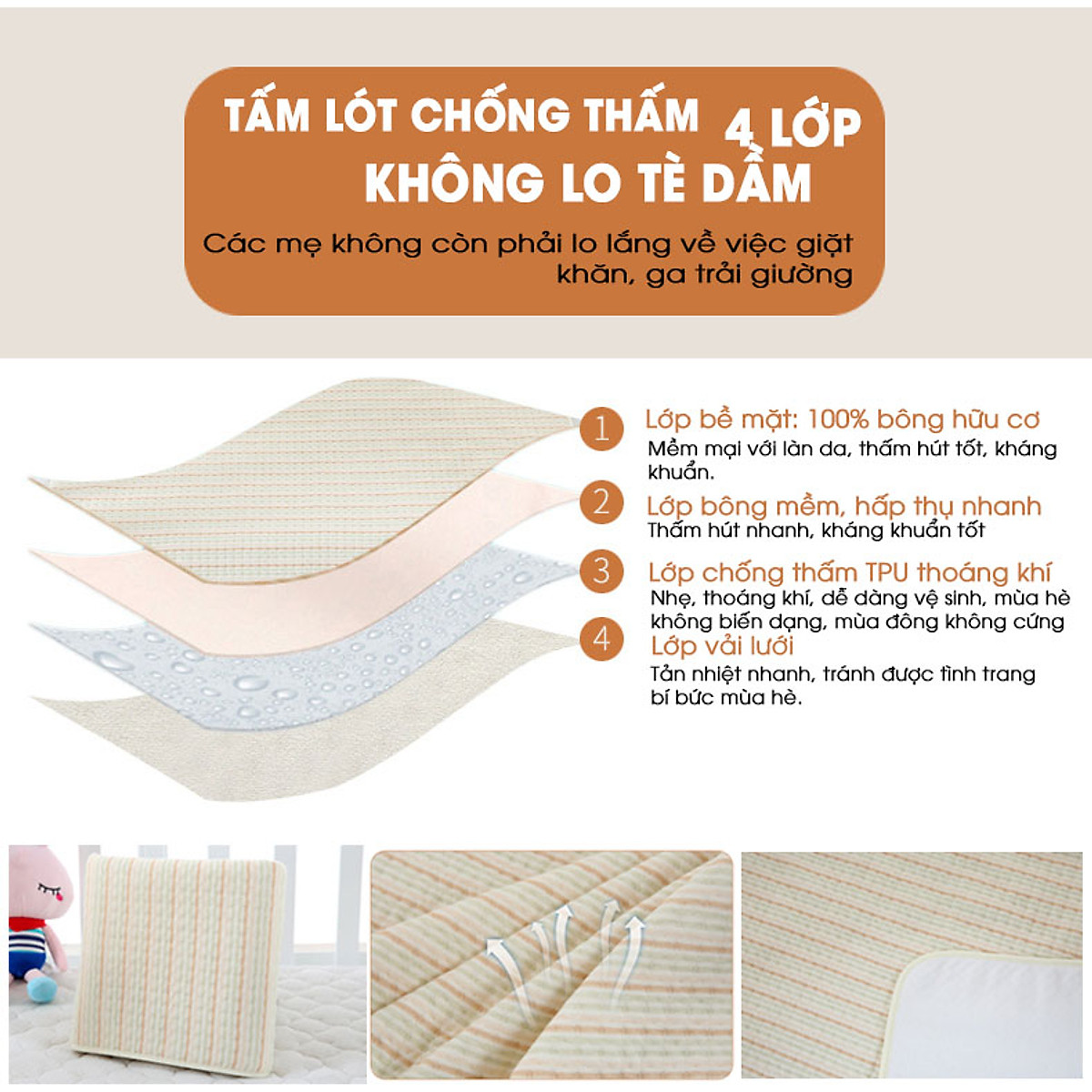 Tấm lót chống thấm cho bé dùng được 2 mặt. Miếng lót chống thấm xuống nệm, thoáng khí, hàng chính hãng - EUROSTANIBO20