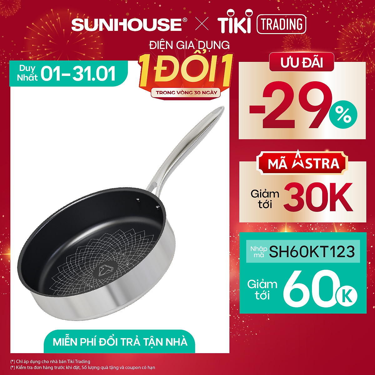 Chảo Inox 3 lớp Ultra Titanium Sunhouse STIM - Dùng cho mọi loại bếp  - Hàng chính hãng