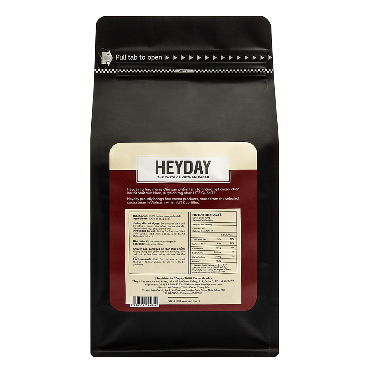 Bột cacao nguyên chất 100% Việt Nam - Dòng Balanced phổ thông túi 500g - Chuyên dùng làm bánh, pha chế cho quán cà phê - Heyday Cacao