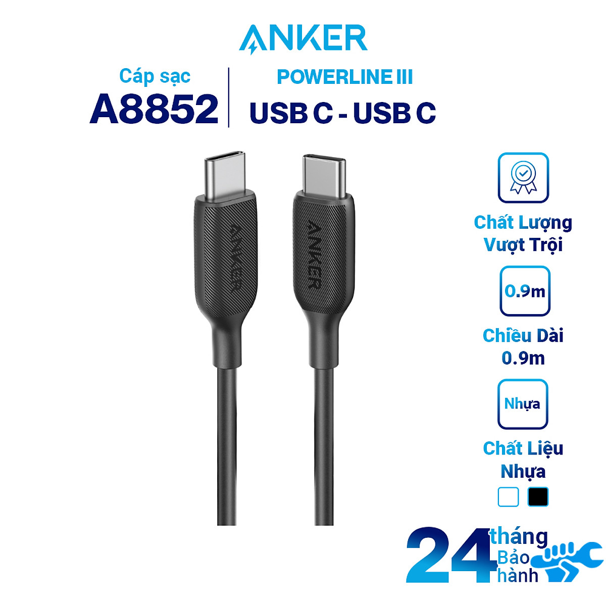Dây Cáp Sạc Anker PowerLine III USB-C to USB-C 2.0 0.9m / 1.8m - A8852 / A8853 - Hàng Chính Hãng
