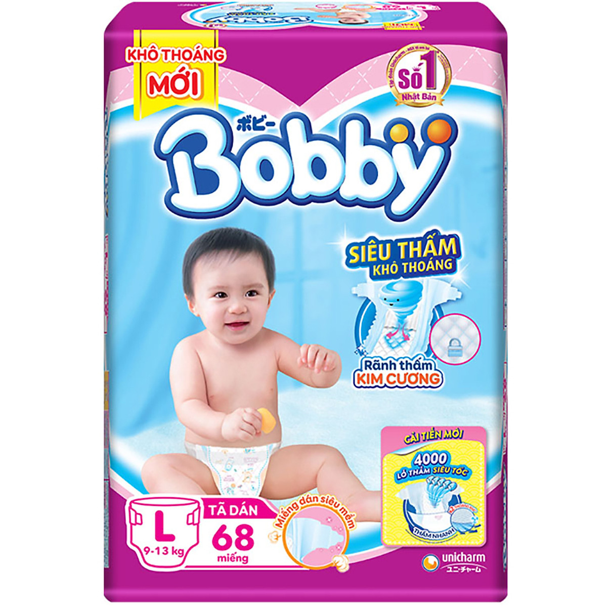 Tã Dán Bobby Siêu Mỏng Thấm Gói Siêu Lớn L68 (68 Miếng)