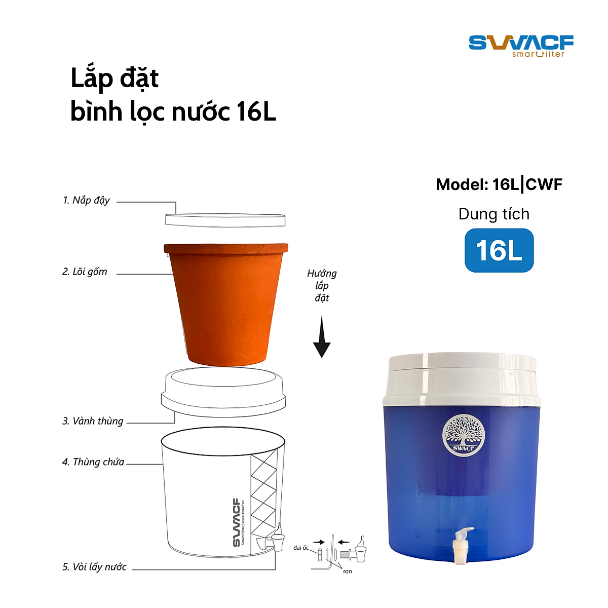 Bình lọc nước uống trực tiếp SWACF 16L | CWF Nano bạc, lõi lọc 7L, tốc độ lọc 2-4 lít/giờ, giữ khoáng thiết yếu - Công nghệ Mỹ