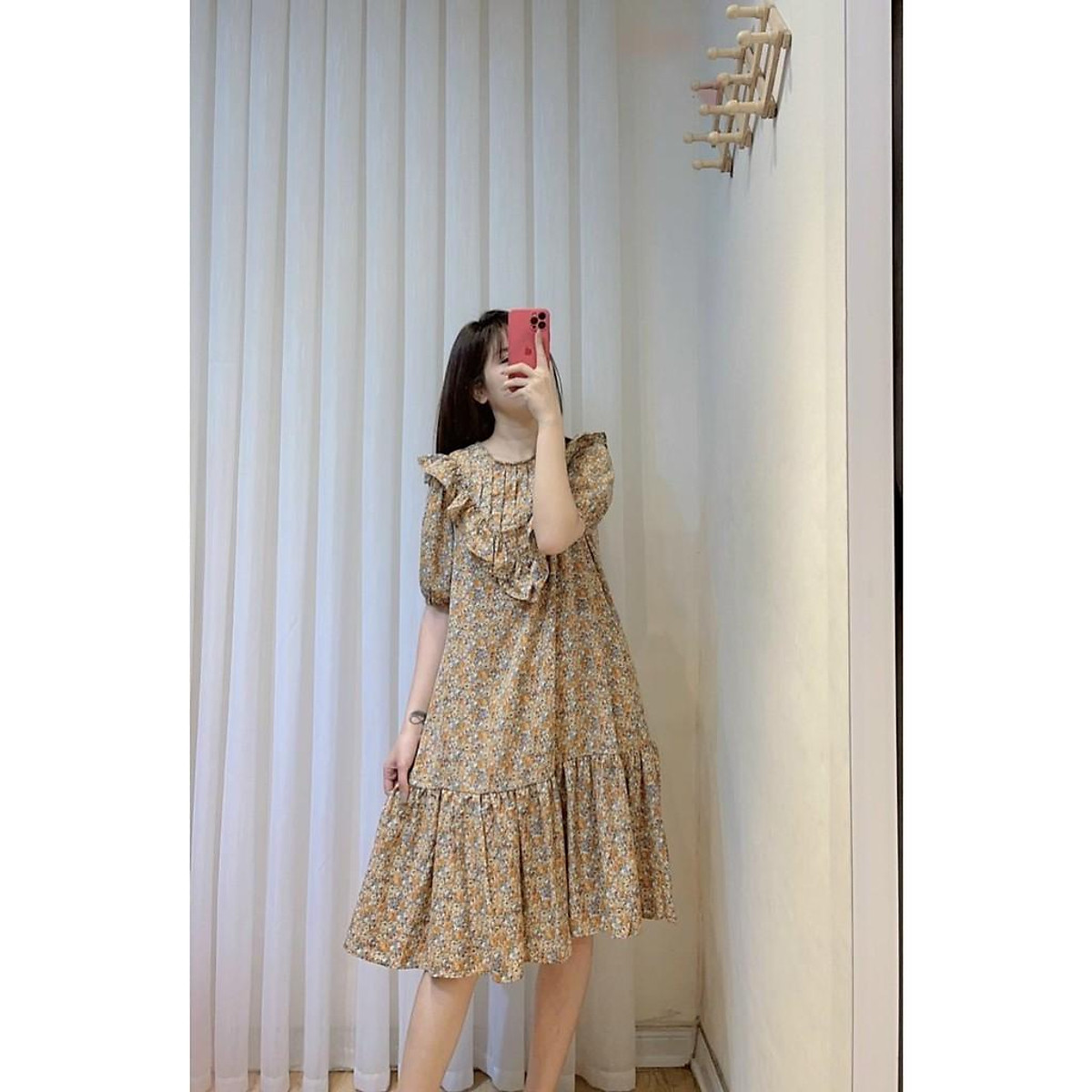 Đầm xòe hoa nhí xanh cổ tròn nhún 2 tầng xếp bèo cổ