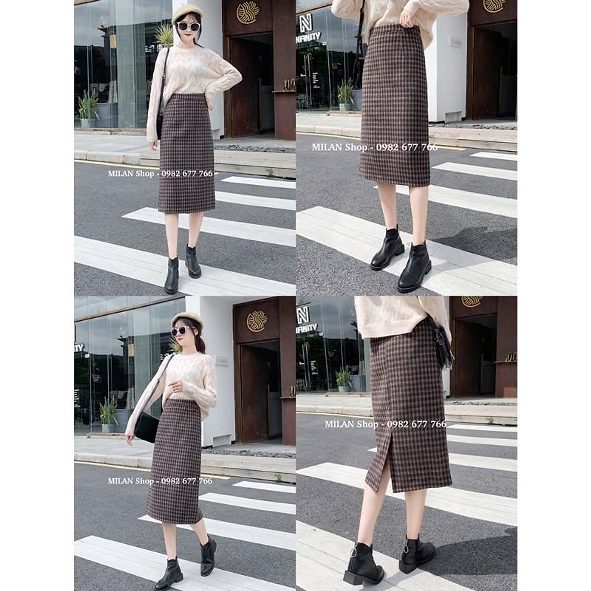 11 Outfit phối đồ chân váy kẻ caro dài mặc với áo gì