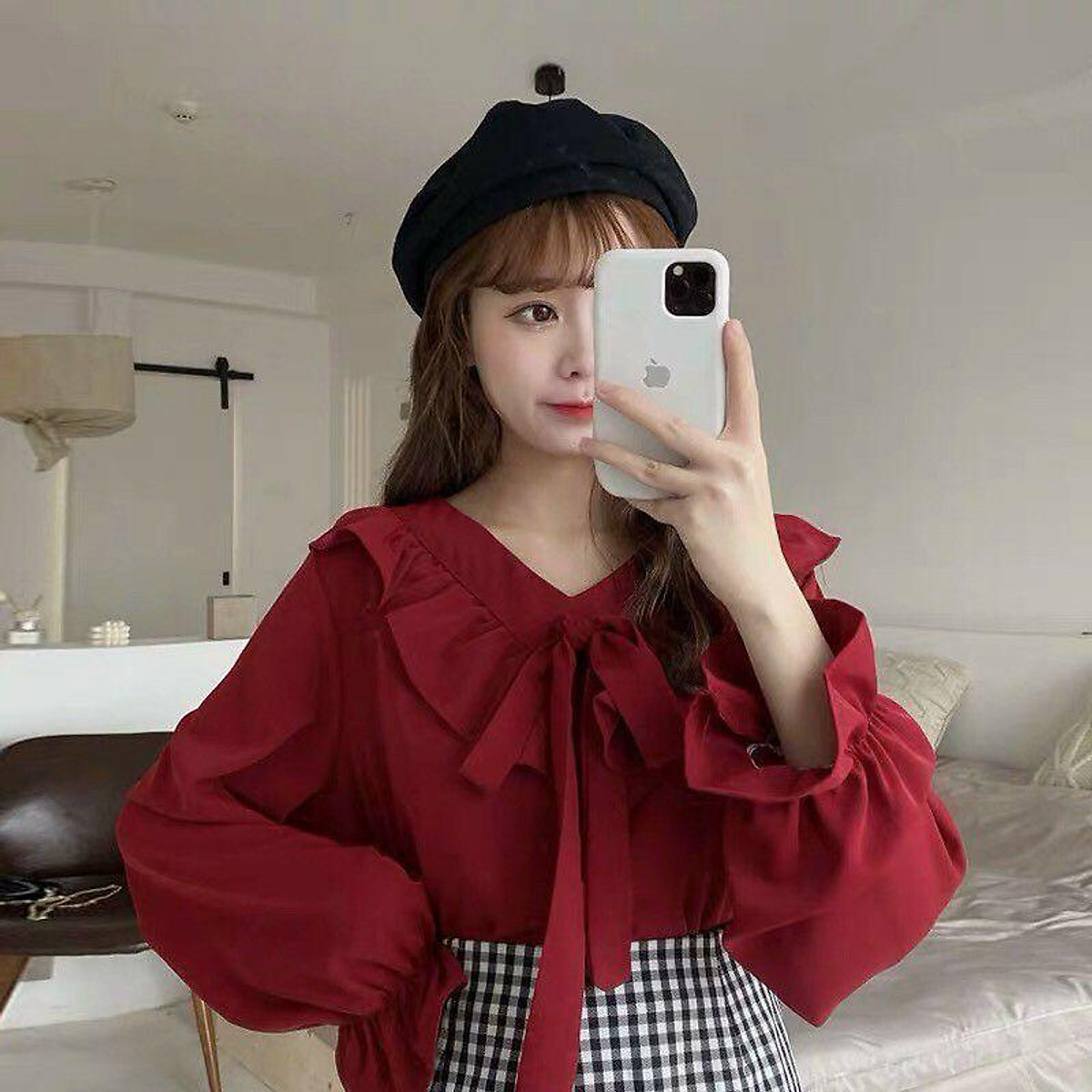 Áo tiểu thư cổ v phối bèo bản to cột nơ tay bồng xinh xỉu Áo Tiểu Thư Cổ V Phối Bèo Bản To Cột Nơ Tay Bồng Xinh Xỉu