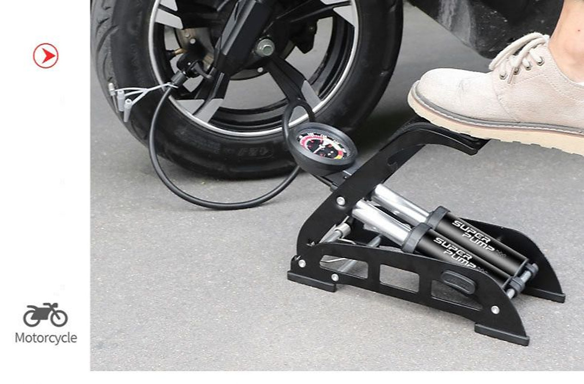 Bơm Đạp Chân 2 Nòng Xilanh 6 Bar 170 PSI Siêu Bơm Chất Lượng Cao Cho Xe Đạp, Xe Máy, Xe Ô tô, Xe Hơi Đa Năng Dễ Dàng Xếp Gọn Và Sử Dụng Tặng Kèm 3 Chốt Chân Lỗ Bơm Super Pump Mai Lee J055B