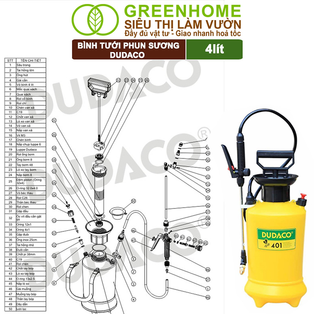 Bình Tưới Cây Dudaco, Greenhome, 4 Lít, Phun Xa 2 Chế Độ, Bơm Nhẹ Tay, Tưới Cây Phun Sương, Bền, Đẹp