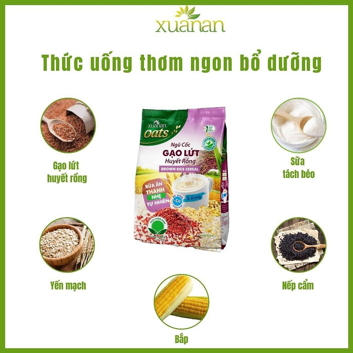 Ngũ Cốc Gạo Lứt Huyết Rồng Xuân An [ít đường] Túi 400G {25g*16 gói}(Tặng Kèm 1 Túi Yến Mạch 150G)