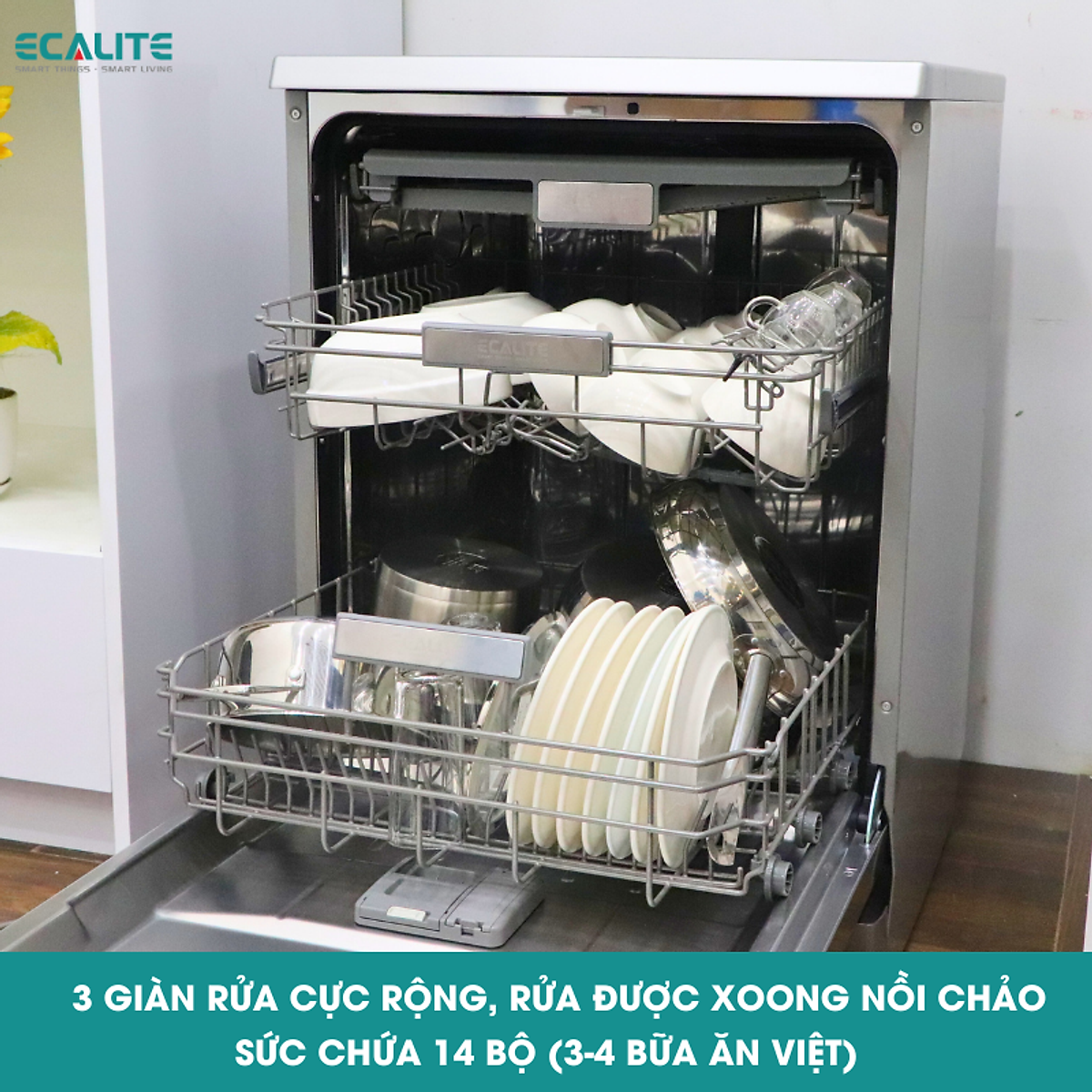Máy Rửa Chén Độc Lập Ecalite EDW-SMS6015AS - 14 Bộ - 8 Chương Trình Rửa - Tự Động Hé Cửa - Hàng Chính Hãng