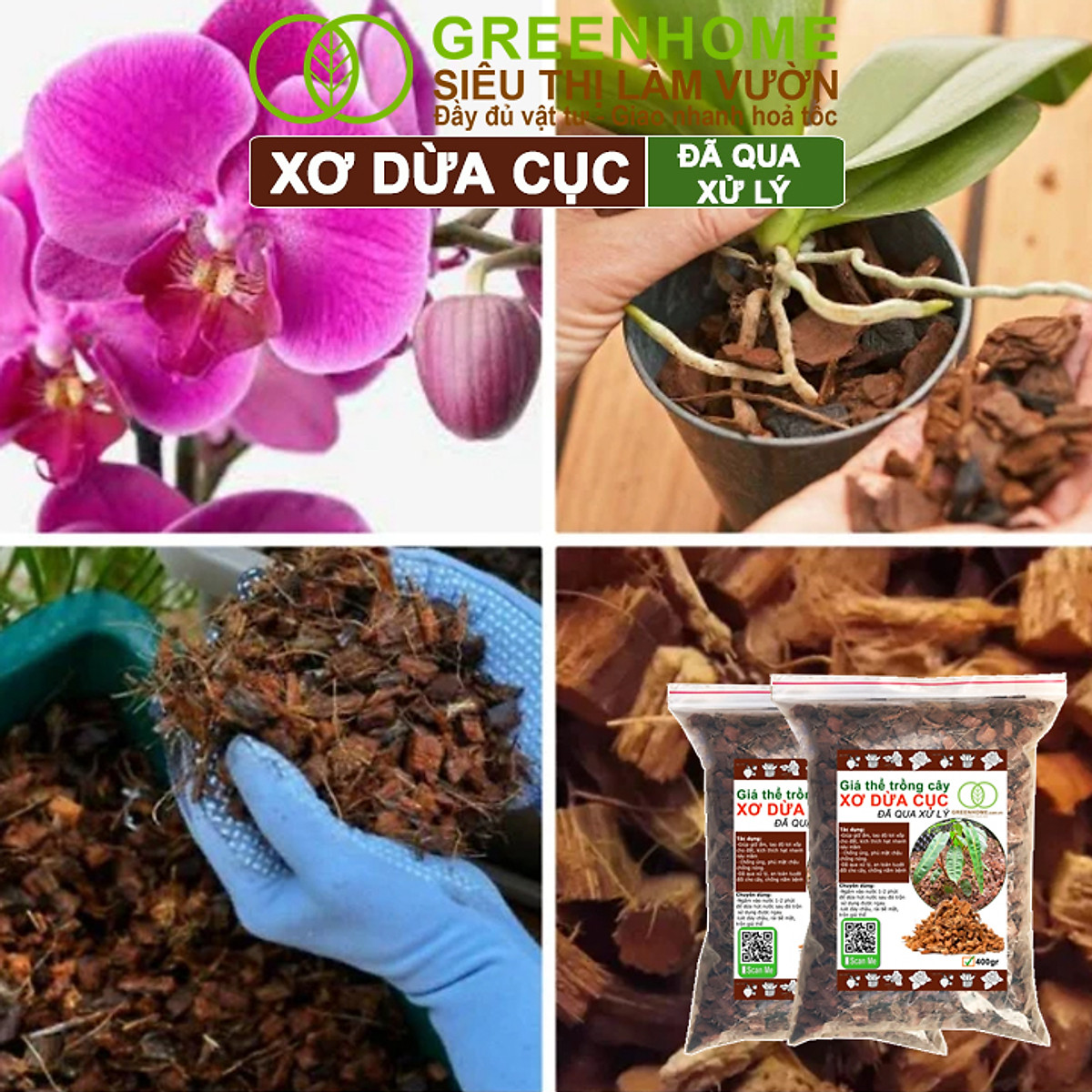Xơ Dừa Cục Greenhome, Bao 400gr, Giá Thể Đã Qua Xử Lý, Size 1-2cm, Viên Đều Đẹp, Sạch Khuẩn, Trồng Kiểng Lá, Lan