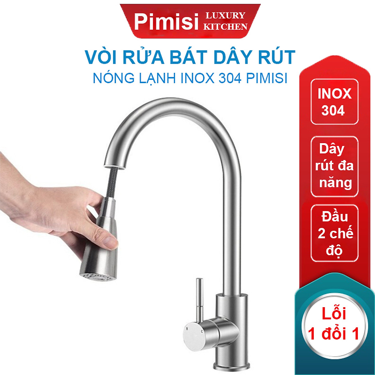 Vòi rửa bát nóng lạnh dây rút inox Pimisi dùng cho chậu rửa chén bát trong nhà bếp gắn chậu