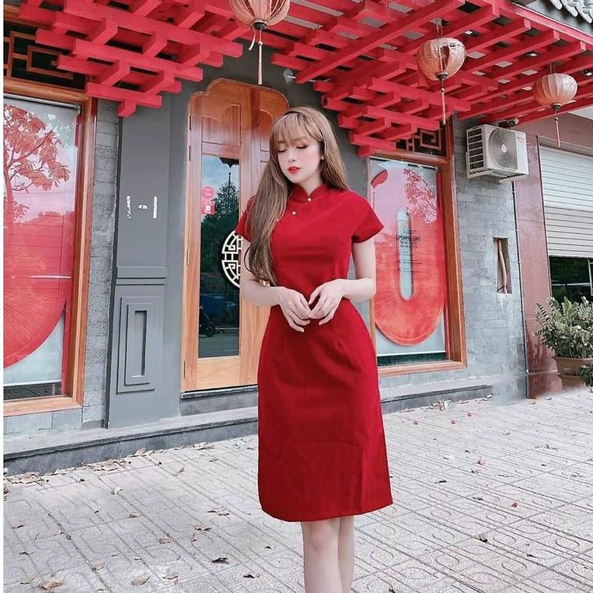 Mua Váy đầm nữ màu đỏ kiểu sườn xám cách tân đi chơi dự tiệc đám cưới du  lịch AM tại Tổng kho thời trang phụ kiện