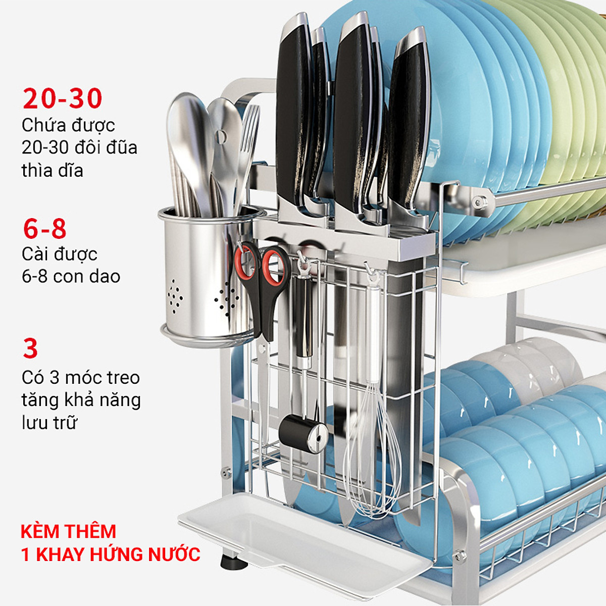 Kệ Úp Chén Bát Đĩa INOX 304 Kèm Khay Hứng Nước Giá Khô Ráo Trên Bàn Bếp