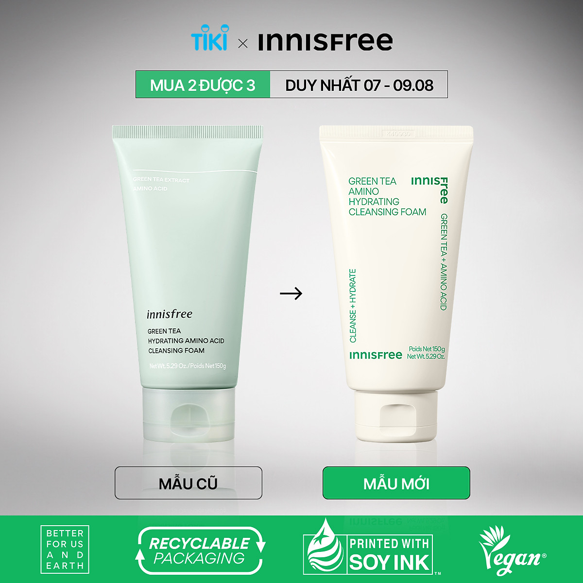 Sữa rửa mặt dưỡng ẩm da innisfree Green Tea Amino Cleansing Foam 150g