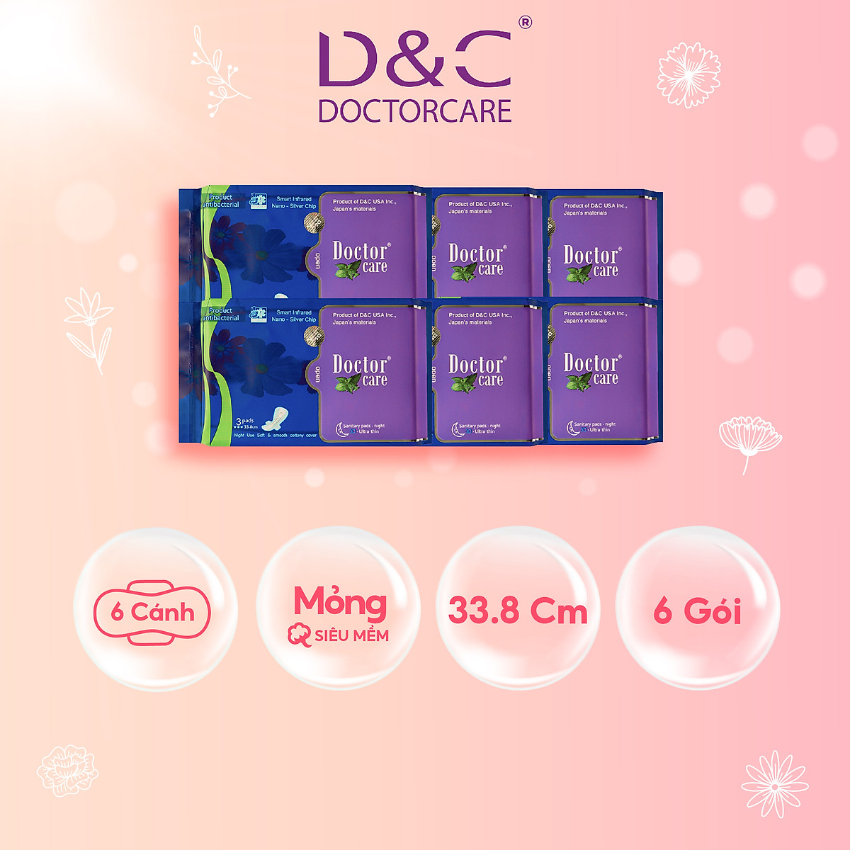 Combo 6 Băng vệ sinh ban đêm Doctor Care tinh chất thảo dược 33.8cm siêu thấm hút