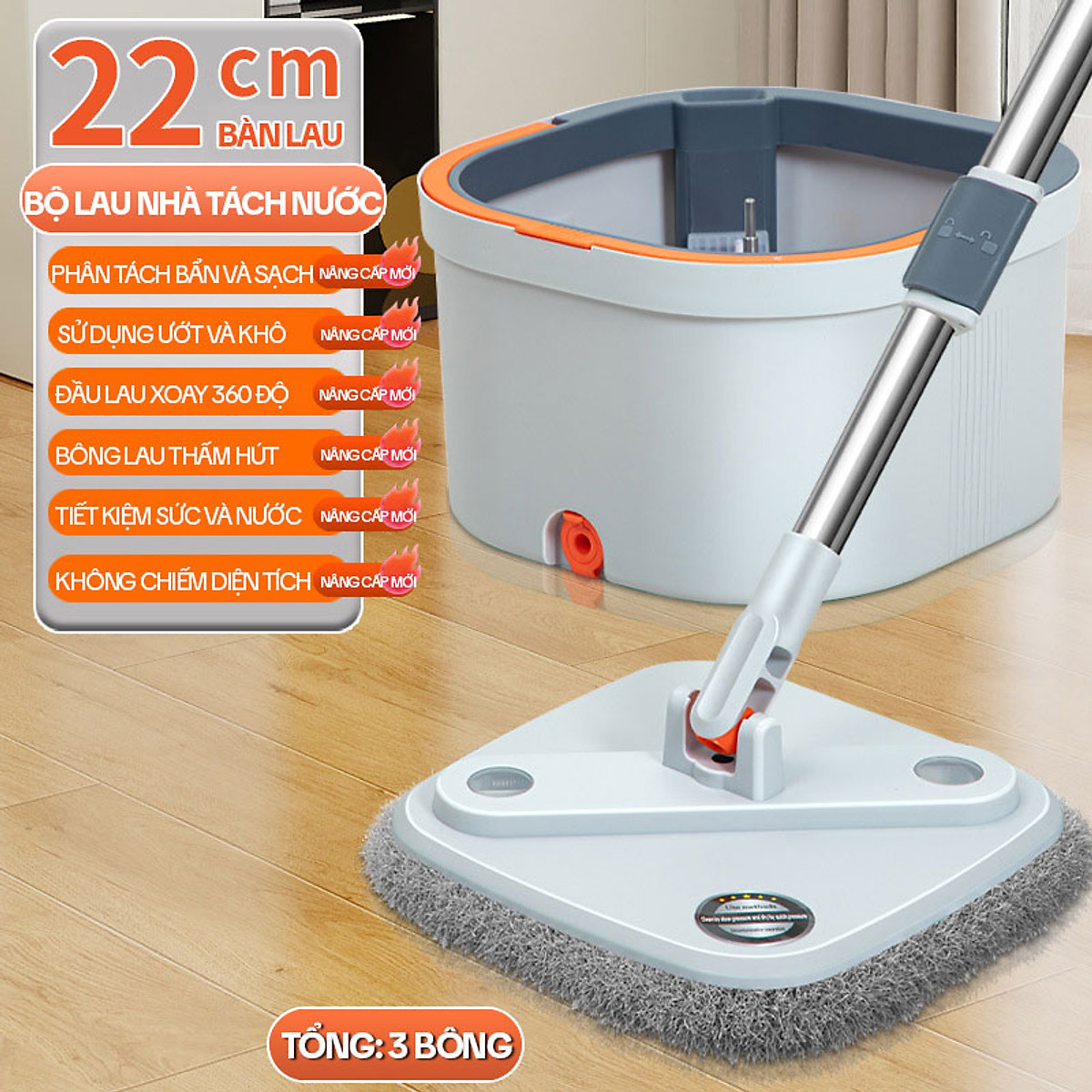 Bộ Cây Lau Nhà Tách Nước Bẩn KITIMOP N08 PRO - Thùng Lau Nhà Tự Vắt Thông Minh, Chổi Lau Nhà 360 Độ, Lau Sàn Làm Sạch