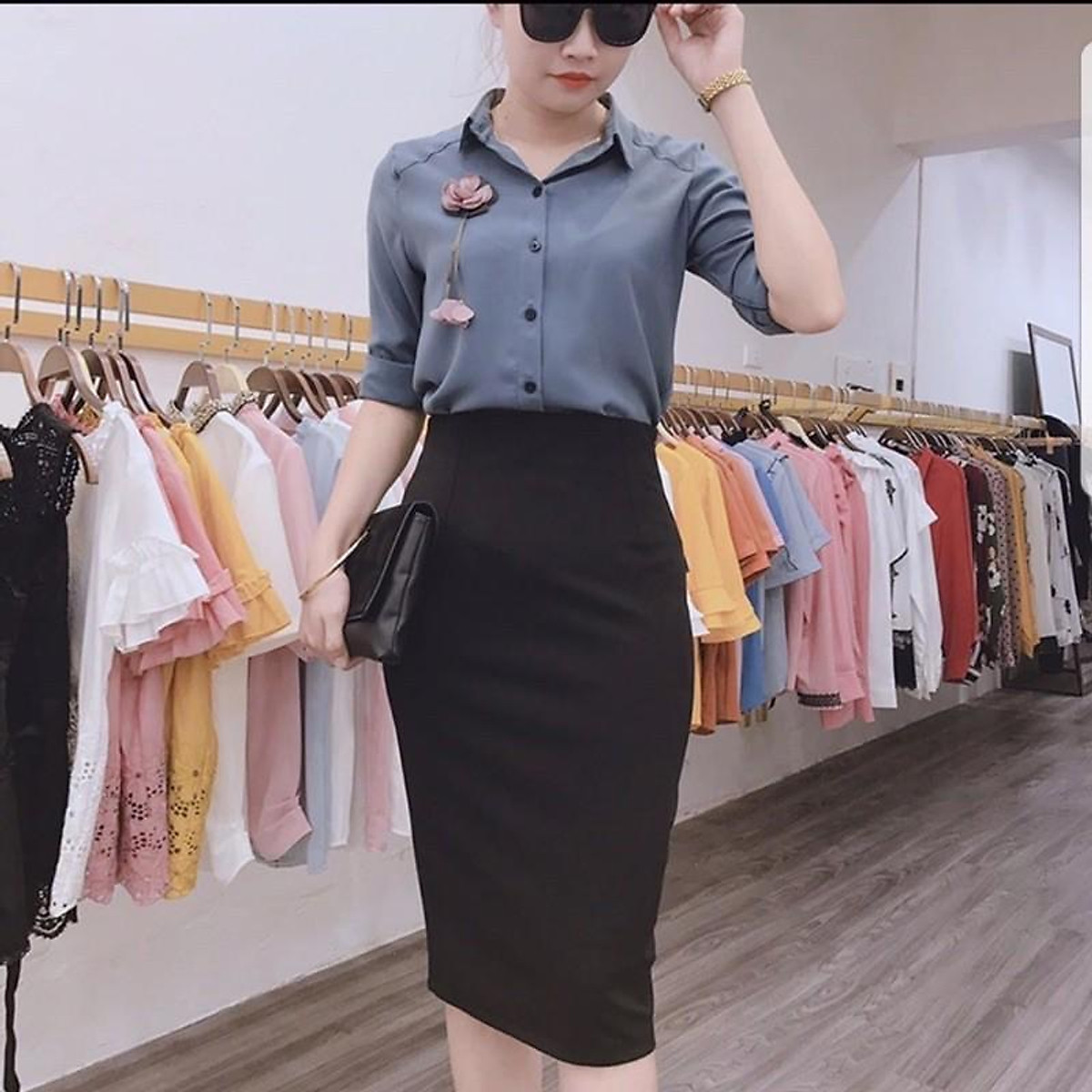 Chân váy công sở ôm HATOP xẻ sau vải thun co giãn 4 chiều loại 1 màu đen có  1 túi bên trong CVOD017  MixASale