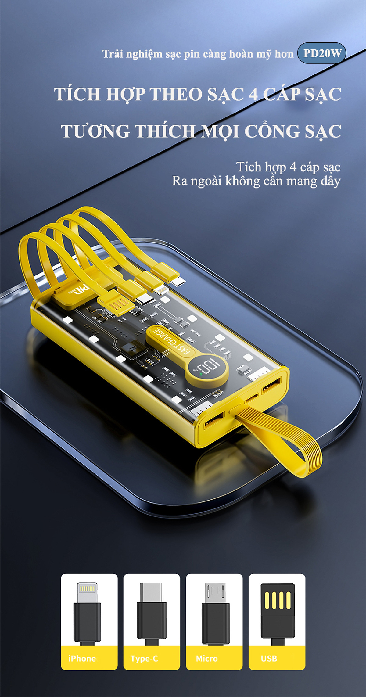 Sạc Dự Phòng trong suốt 30000mAh - sạc siêu nhanh, tích hợp 4 cáp, 2 cổng usb, sạc cùng lúc nhiều điện thoại - Hàng chính hãng