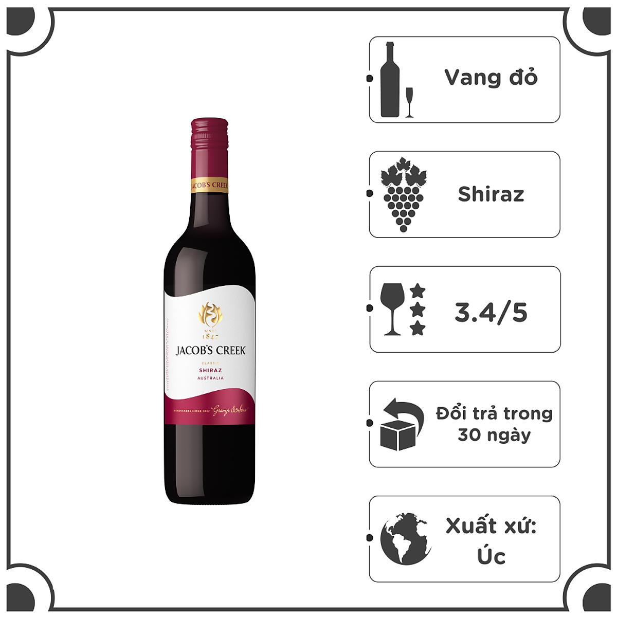 {Freeship 50K} Rượu vang đỏ Úc Jacob's Creek Classic Shiraz 750ml 12.9% - 14.9% - Không hộp