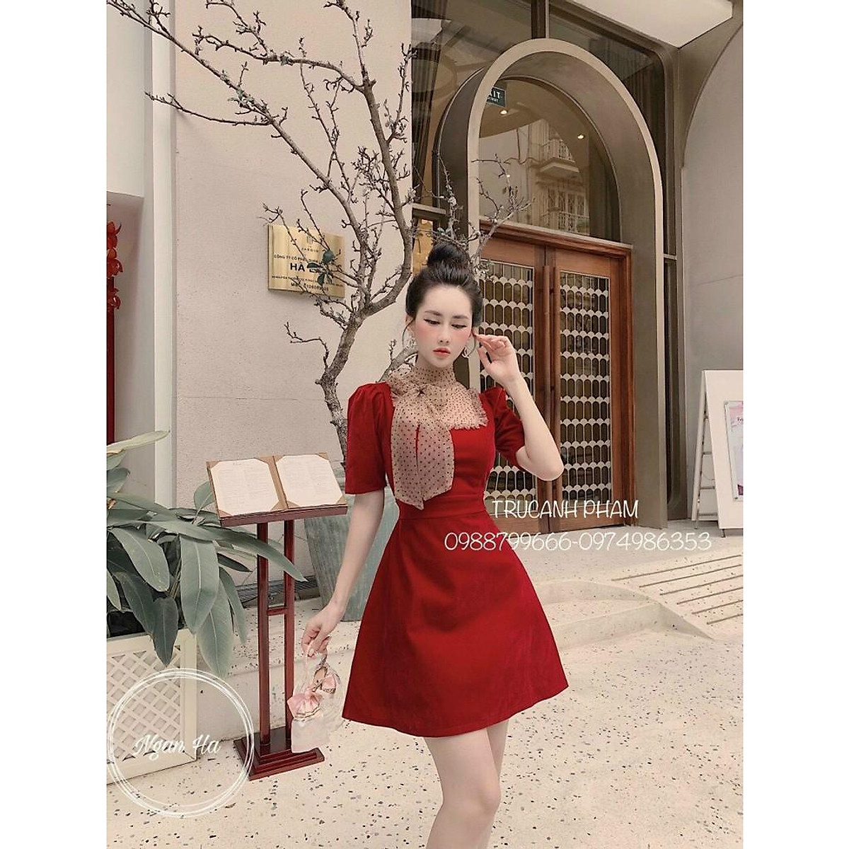 2042 VÁY NHUNG PHỐI TAY LƯỚI  Slendy