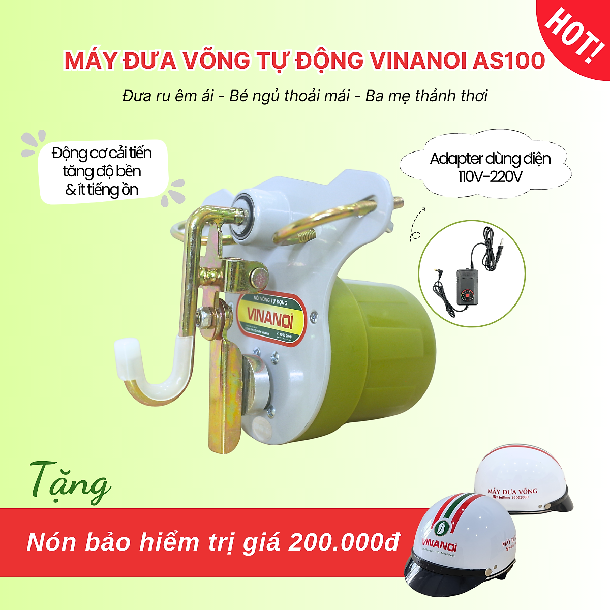 Máy Đưa Võng Tự Động Cao Cấp Vinanoi Asanta AS100 - Sức Đưa 100 Kg Cho Cả Mẹ Và Bé, Dùng Điện 110-220v và pin sạc dự phòng