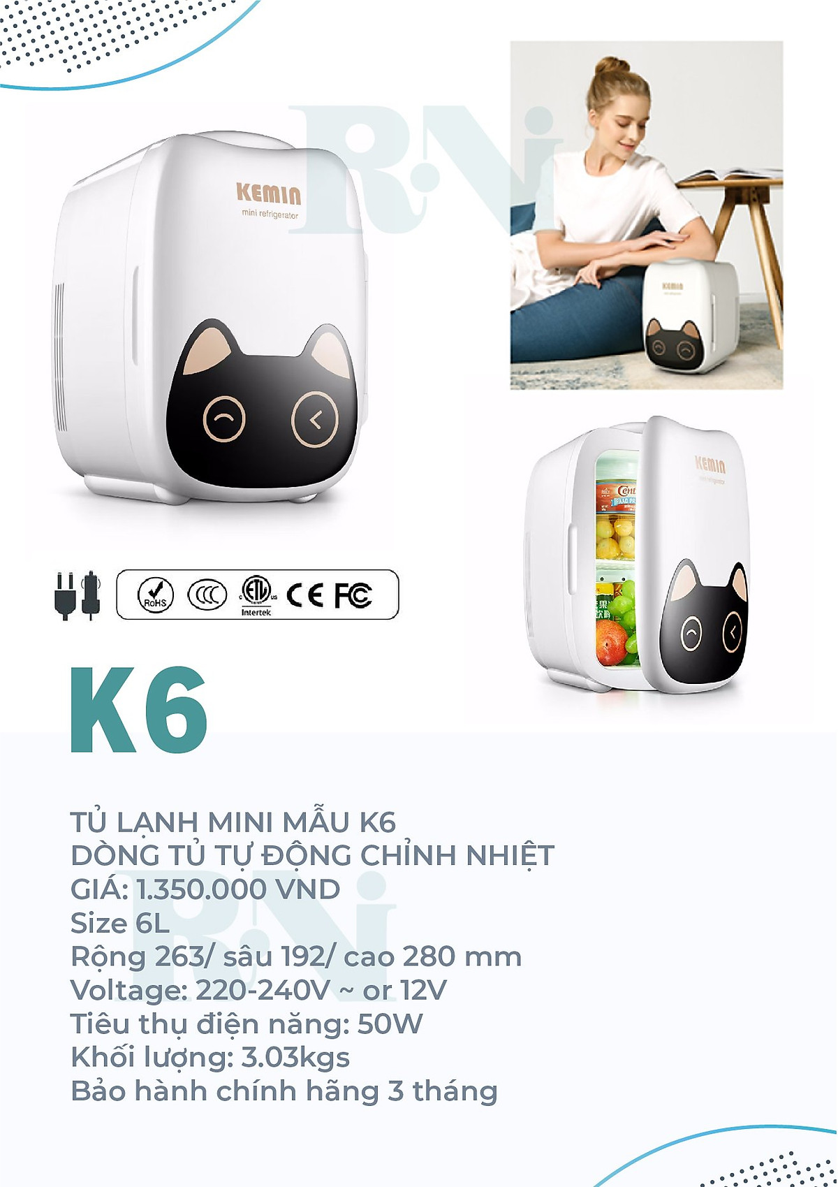 Tủ lạnh mini KEMIN 6L CAT HEAD Chính hãng