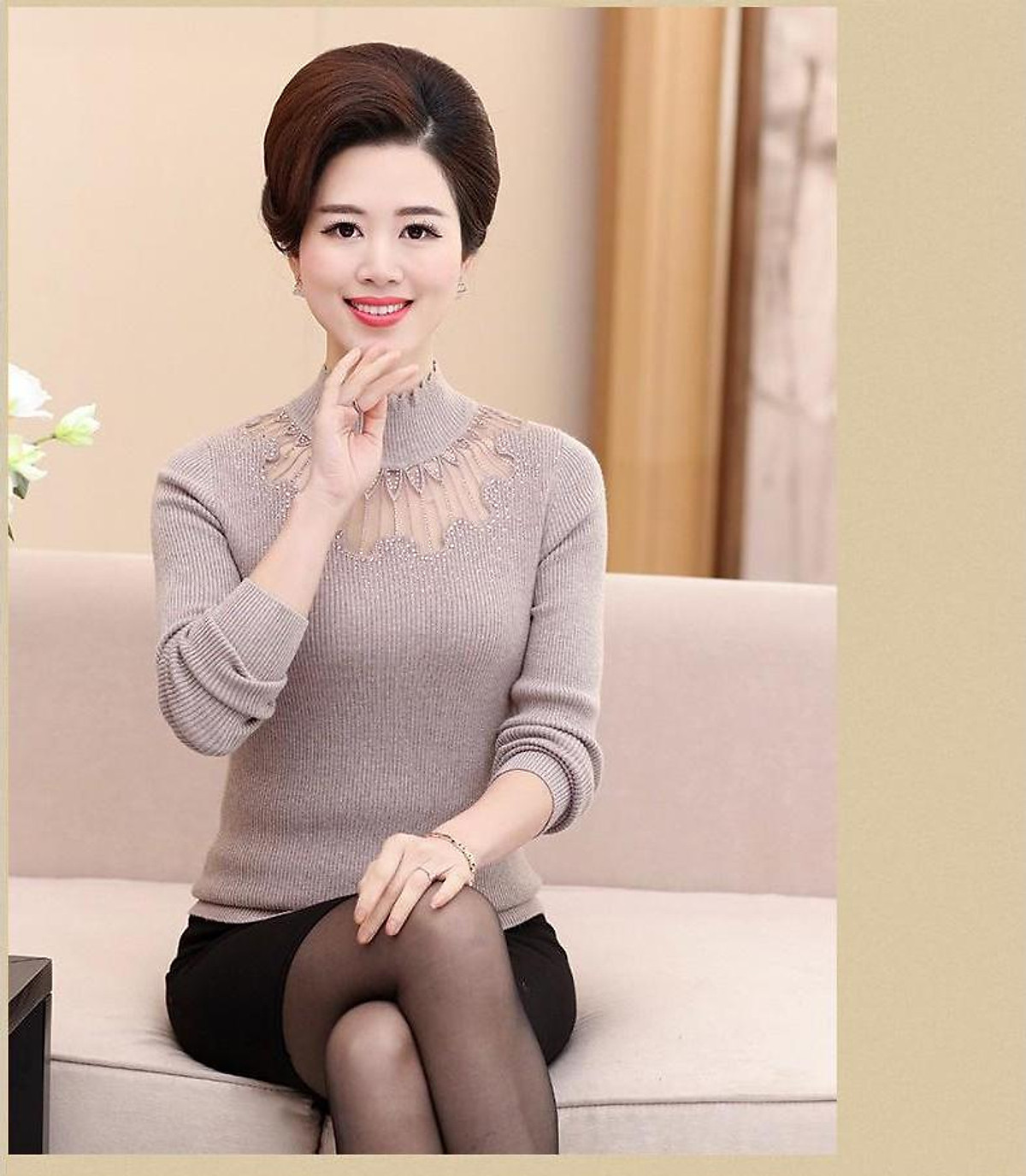 Áo Len Nữ Trung Niên Cao Cấp ( Len Cổ Ren Lưới) - Thời Trang Trung Niên