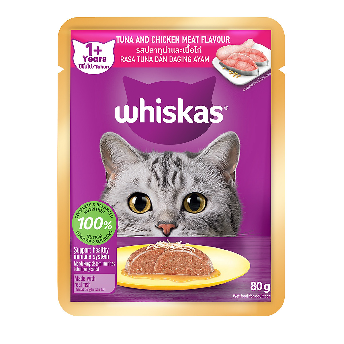Thức Ăn Cho Mèo WHISKAS 1+ years Vị Cá Ngừ, Gà 80g/Gói