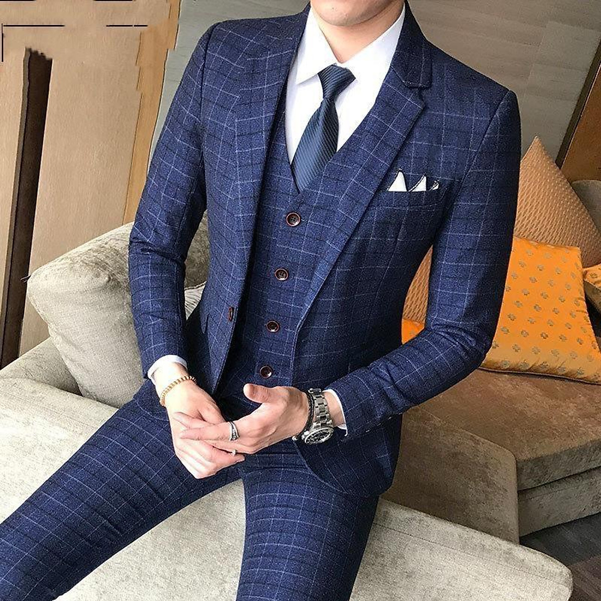 Áo Vest Xám Kẻ Caro
