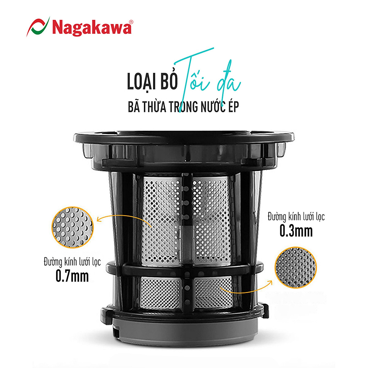 Máy ép chậm Nagakawa NAG0818 (200W) - Trục ép 6 phân đoạn kiệt bã - Ống tiếp thực phẩm lớn - Hàng chính hãng