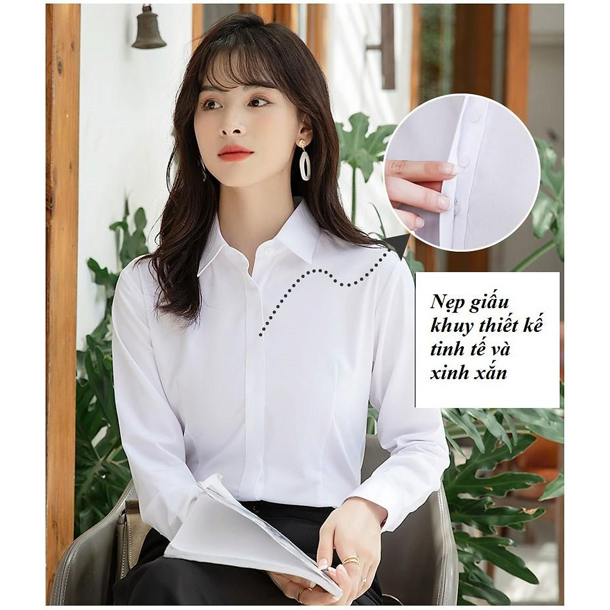Áo Sơ Mi Thời Trang Công Sở Nữ Dài Tay Màu Trắng Cổ Đức Nẹp Giấu Khuy Trẻ Trung, Thiết Kế Basic Quyên Fashion AA543