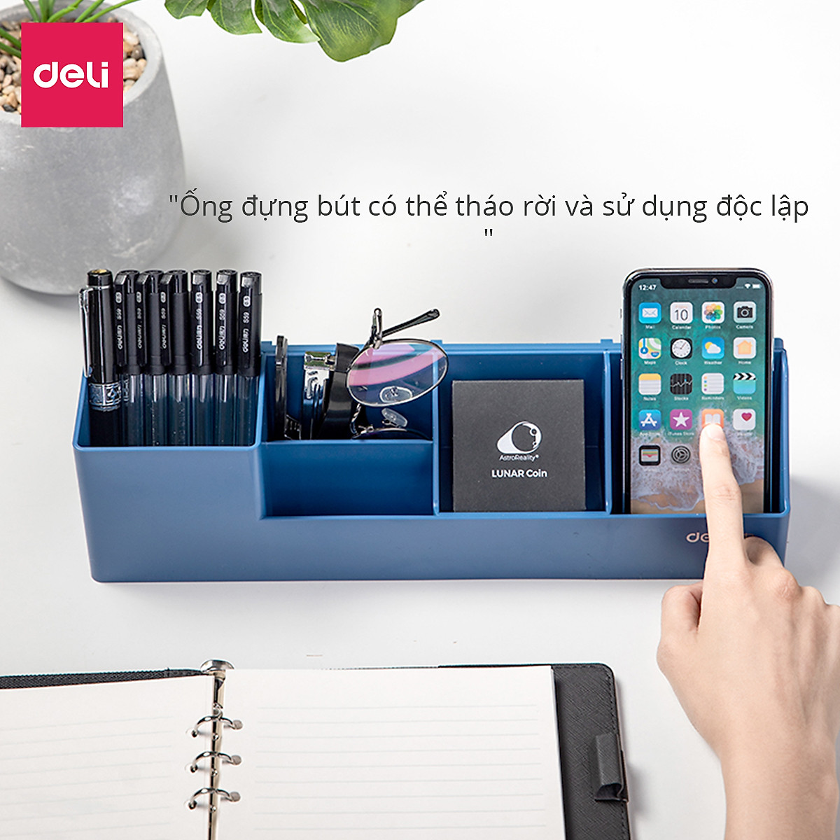 Set giá tài liệu 4 ngăn kèm hộp bút Deli - Xanh Dương/ Xám/ Đen - 78981