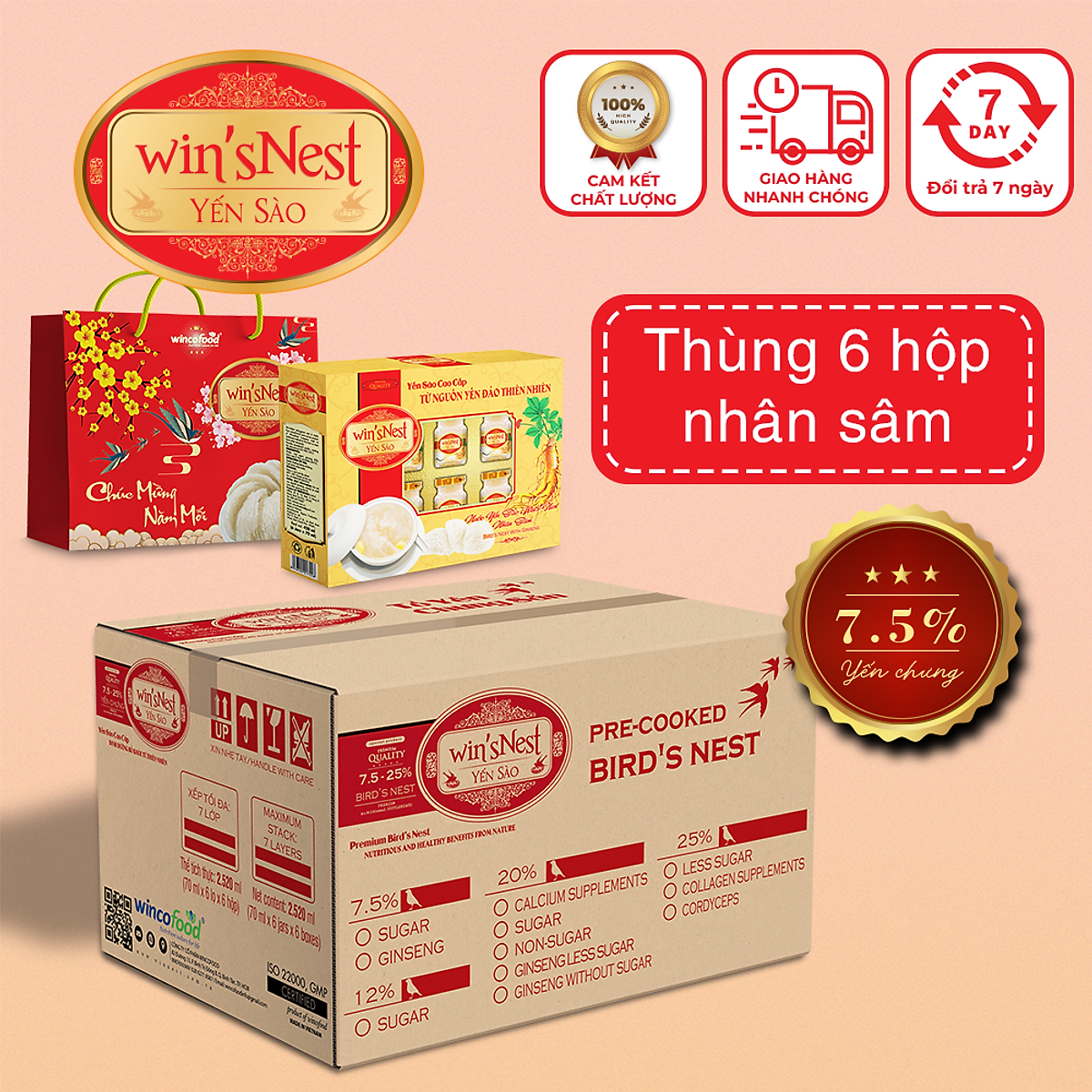 Combo 6 hộp nước yến sào win'sNest nhân sâm (6 Lọ x 70 ml / Hộp)