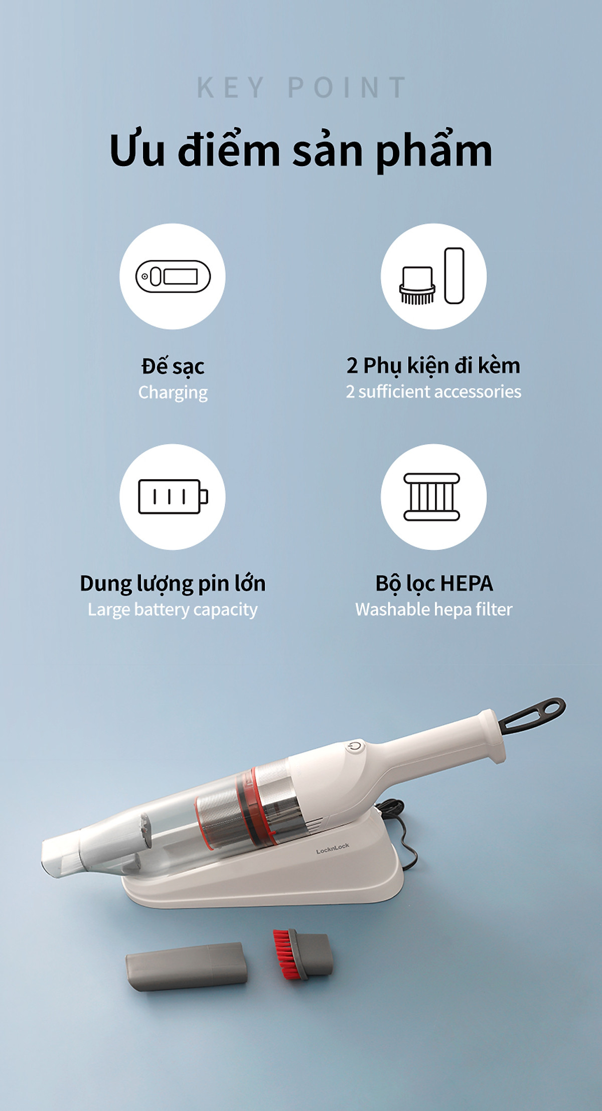 Máy hút bụi cầm tay mini Locknlock ENV136WHT Mini vacuum cleaner - 14V, 500mA, 75W - Dung tích 0.5L- Hàng chính hãng