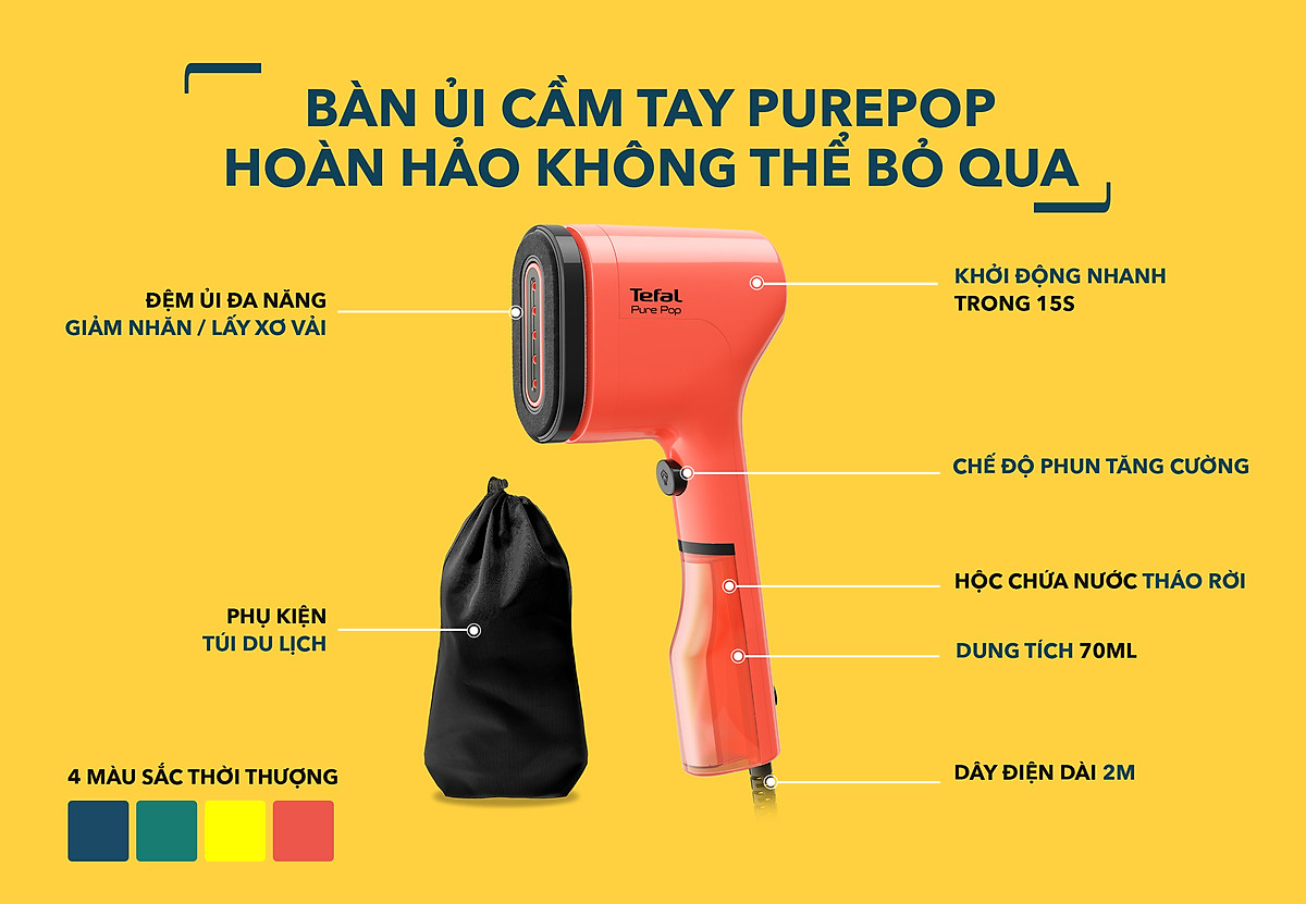 Bàn ủi hơi nước cầm tay Tefal Pure Pop - [Hàng chính hãng]
