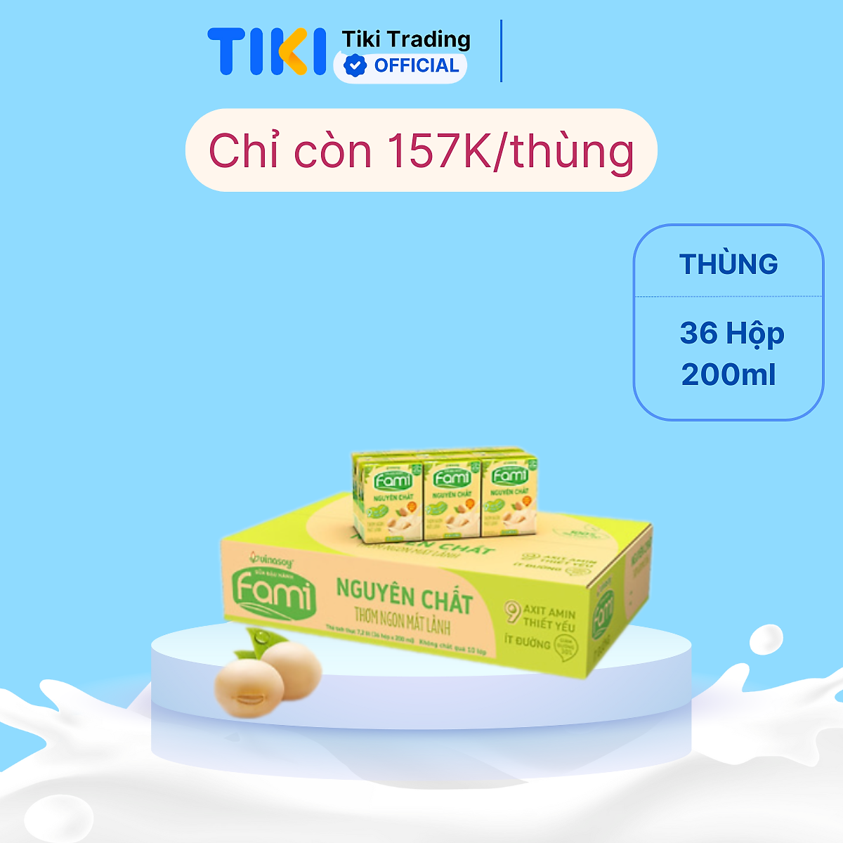 Thùng Sữa đậu nành Fami Nguyên Chất ít đường (200ml x 36 Hộp)